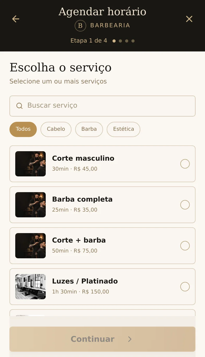 Escolha de serviços com foto, preço e duração